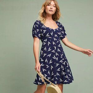 Maeve Navy Blue Mini Dress with White Leaf Print